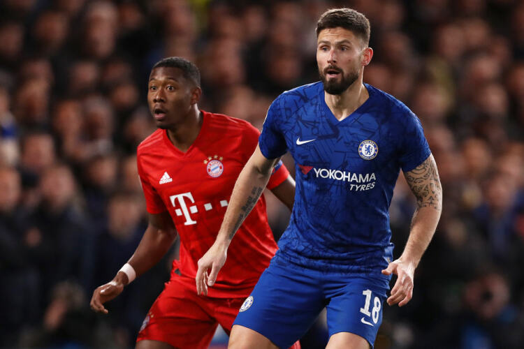 Olivier Giroud of Chelsea and David Alaba of Bayern Munich