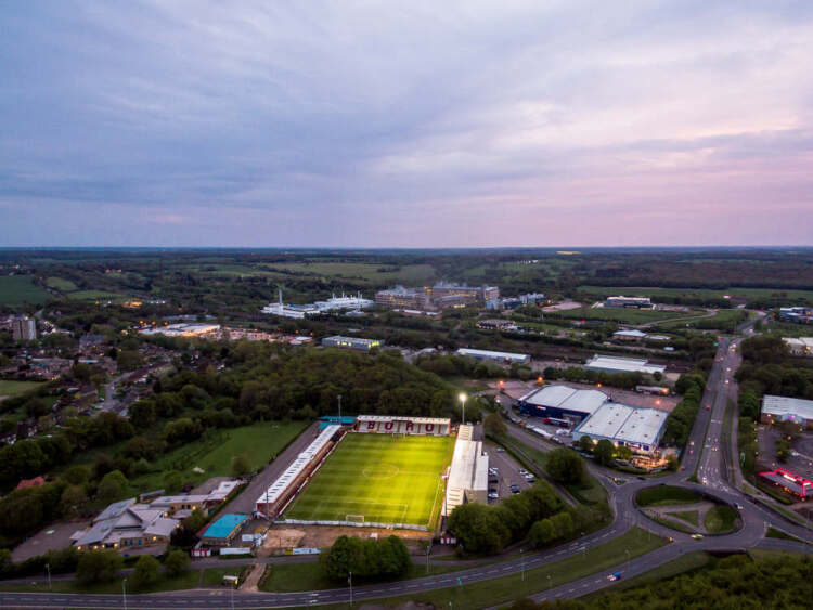 Aerial view of Lamex Stadium, home of Stevenage FC