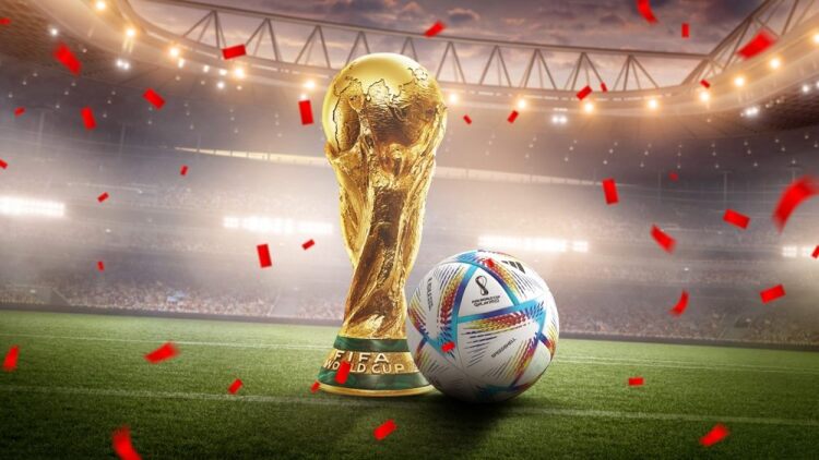 Fifa World Cup 2022 trophy with stadium background