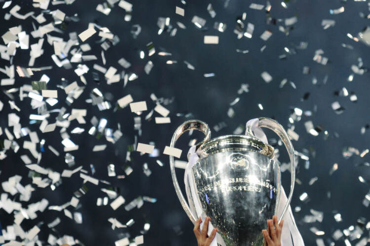 Champions League trophy lifted by winners Real Madrid after their final against Liverpool.