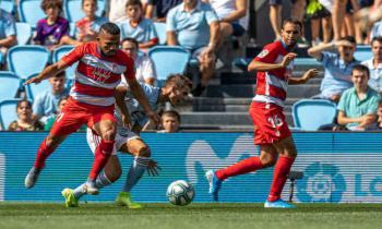 Yangel Herrera, Denis Suarez and Victor Diaz of Granada CF