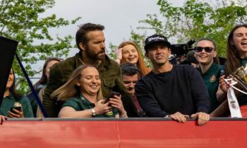 Ryan Reynolds and Rob McElhenney on the Wrexham AFC bus parade