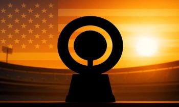 AI Generated image of the 2025 Club World Cup trophy with background US flag, stadium and sun set.
