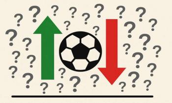 Football league illustration depicting uncertainty via question marks & arrows.