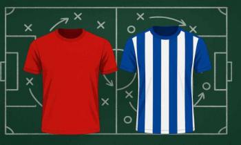 Two football shirts in front of a chalkboard tactics diagram.